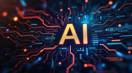 A glowing "AI" text in the center with intricate digital circuitry patterns surrounding it on a dark futuristic background.