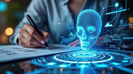A person writes notes while a glowing blue digital human skull hologram with data charts hovers above the desk, symbolizing technology and futuristic analysis.