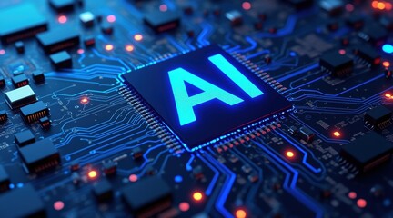 A glowing AI chip sits at the center of a complex blue circuit board with illuminated pathways and electronic components.