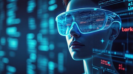 Futuristic digital portrait of a person wearing smart glasses displaying code and data in a cyber-themed environment.