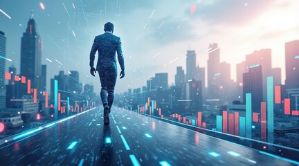 A businessman walks forward on a futuristic digital road with glowing data charts and city skyline in the background, symbolizing progress and technology.