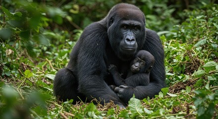 Naklejka premium A large gorilla and her young one sit nestled in lush jungle foliage