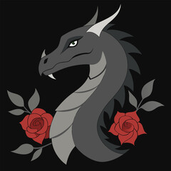Majestic Dragon Head with Roses A Dark Fantasy Illustration