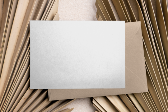 Invitation card mockup png transparent, brown envelope, aesthetic background