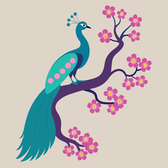 Elegant Peacock Perched on Blooming Branch A Serene Illustration