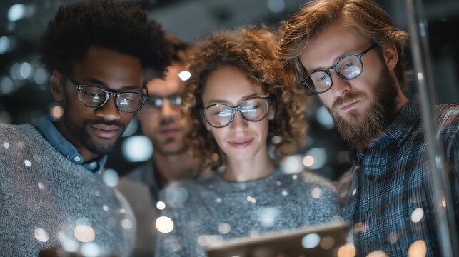 Multi-ethnic corporate team working with tech devices in modern glass office with data visualization displays for business strategy