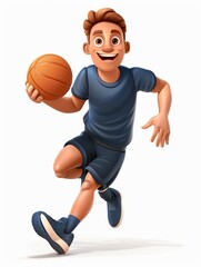 Cartoon character playing basketball, athletic young male with cheerful expression, isolated on white background, motion and energy depicted in dynamic pose
