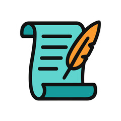 Blue scroll and feathered pen. Icon symbol illustration