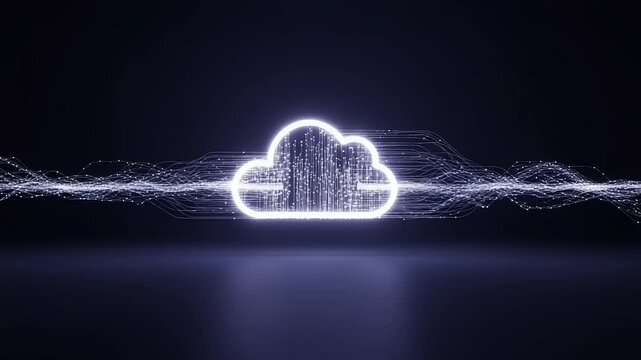 Illuminated cloud icon with digital data streams