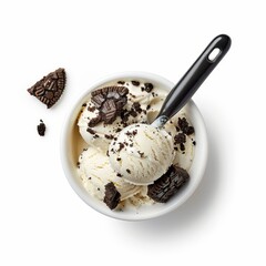 Creamy Vanilla Ice Cream with Chocolate Cookie Crumbles Served in a Bowl with a Black Spoon on a White Background