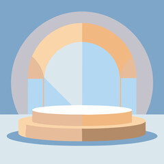 A minimalist stage mockup with soft pale blue, crisp white, and warm tan backdrop