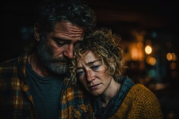 Obraz premium A supportive scene of a man comforting an anxious woman, both looking at their cell phones.