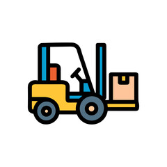 Colorful forklift lifting a box. Icon symbol illustration