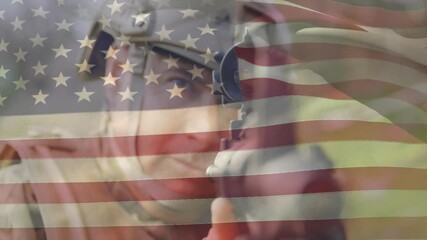American flag overlaying soldier bracing rifle in forest combat guiding precise aiming for shot - Powered by Adobe