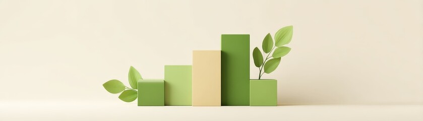 Recycling for Impact in a Growing Green Business World, Green bar graphs with leaves symbolize growth and environmental awareness on a neutral background.