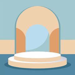 A minimalist stage mockup with soft pale blue, crisp white, and warm tan backdrop