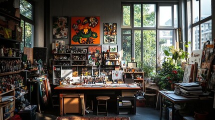 Artist's studio, filled with colorful art supplies, and framed artworks.  A cluttered but inviting workspace bathed in natural light