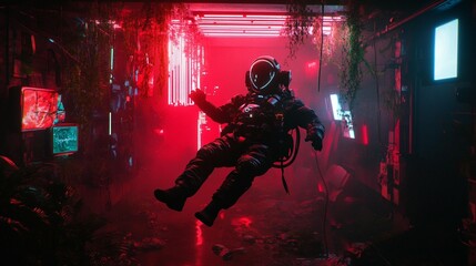 Astronaut in a neon-lit, overgrown, abandoned space station