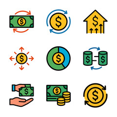 Finances depicted through colorful iconography. Icon symbol illustration