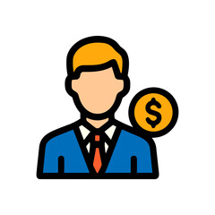 Financial broker with prominent dollar coin. Icon symbol illustration