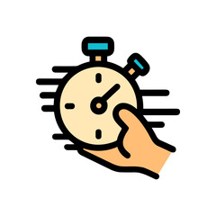 Hand holding speeding stopwatch icon. Icon symbol illustration
