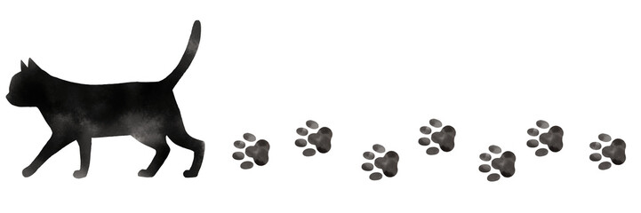 Watercolor style, simple illustration of a walking cat's silhouette and footprints