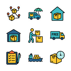 Icons depict distribution delivery and storage. Icon symbol illustration