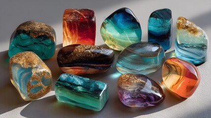 a group of different colored rocks on a white surf