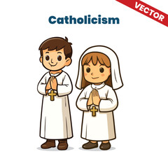 Catholic Children in Religious Attire Vector Illustration