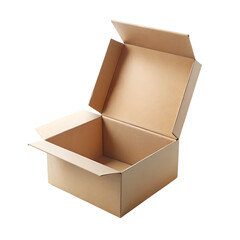 Open Light Brown Cardboard Box Packaging Mockup Studio Shot Empty Rectangular Container Light Beige Corrugated Cardboard Box isolated on a transparent background