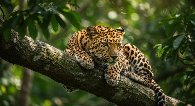 A leopard resting on a tree branch in a lush forest