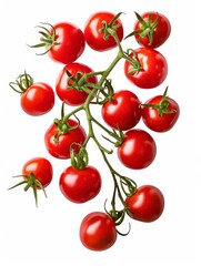 Fresh and Juicy Red Tomatoes on Green Stem Isolated on White Background for Healthy Cooking and Food Photography