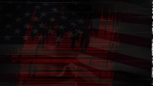 Near-black frame fading in triggers American flag graphic pulsing with red lines and glitch tear