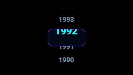 Timeline animation scrolling smoothly to the year 1991. Ideal for history documentaries, educational videos, or year-based content.