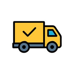 Yellow delivery truck with checkmark graphic. Icon symbol illustration
