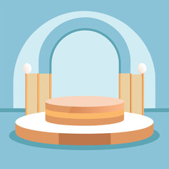 A minimalist stage mockup with soft pale blue, crisp white, and warm tan backdrop