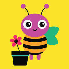 Adorable Purple Bee with Flower Pot Cute Insect Illustration
