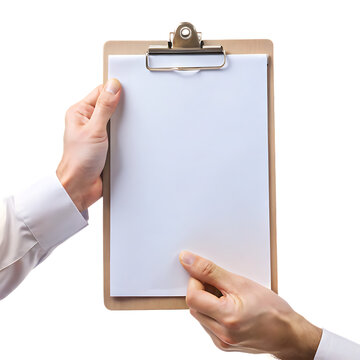 Two hands holding a light brown clipboard with a blank white sheet of paper A I G E N E R A T E D P N G isolated on a transparent background