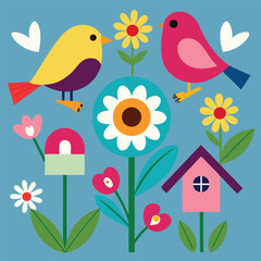 Springtime Birds and Flowers A Delightful Illustration