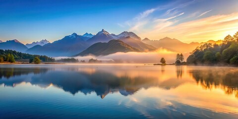 Fototapeta premium Serene Changu Lake at sunrise with misty mountains and tranquil water