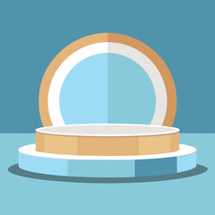 A minimalist stage mockup with soft pale blue, crisp white, and warm tan backdrop