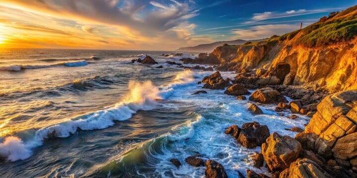Steep rocky coastline with waves crashing against the shore at sunset