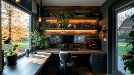 Dark, modern workspace with plants, wood accents, and dual monitors.  Sunlight streams through large windows overlooking a backyard