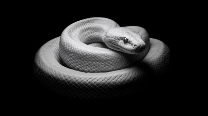 Fototapeta premium Albino Boa Snake in Coiled Position Against Dark Background