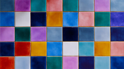 A vibrant array of square tiles creating a colorful mosaic pattern with a glossy and reflective surface