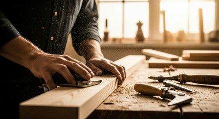 Woodworker Sanding Plank in Sunlit Workshop
