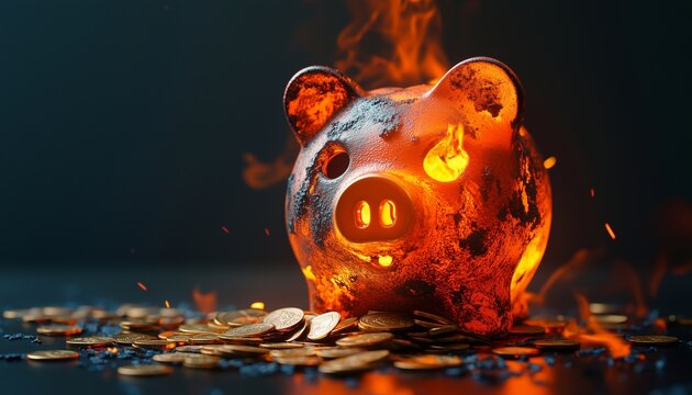 Coins come out of the piggy bank and burn, failed investment and future insurance