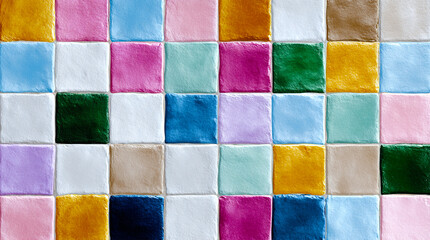 Close up view of colorful square tiles arranged in a grid pattern with varying shades and textures