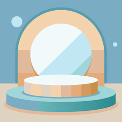 A minimalist stage mockup with soft pale blue, crisp white, and warm tan backdrop