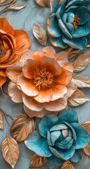 Vibrant paper flowers in teal, orange, and gold on a textured backdrop